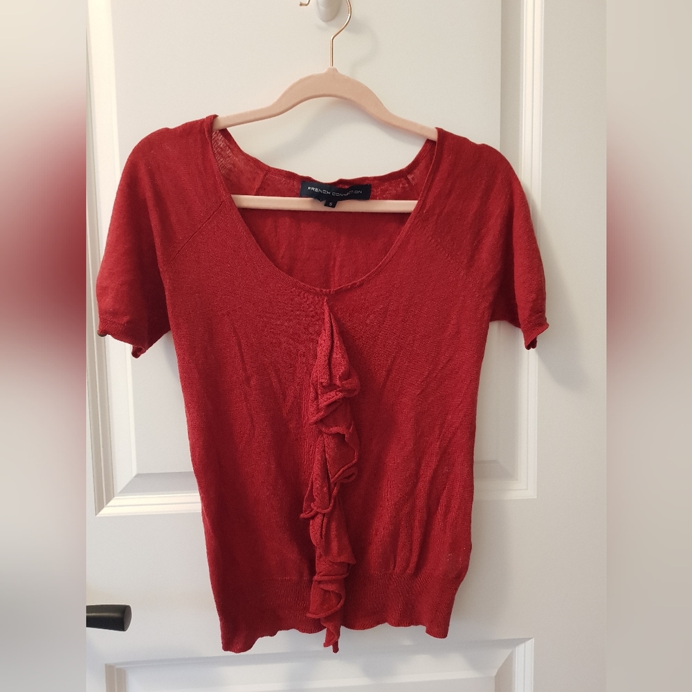 FCUK cherry red ruffle sweater top